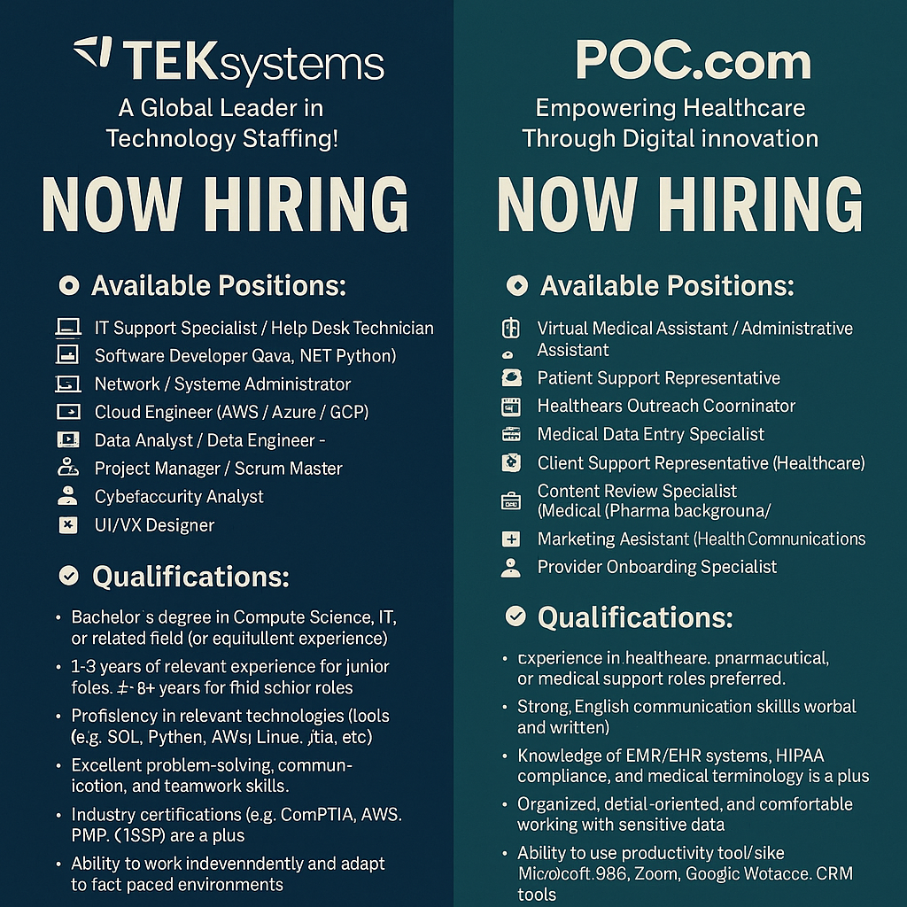 WFH-EQUIPMENT PROVIDED-TEK SYSTEMS-POC CAREERS